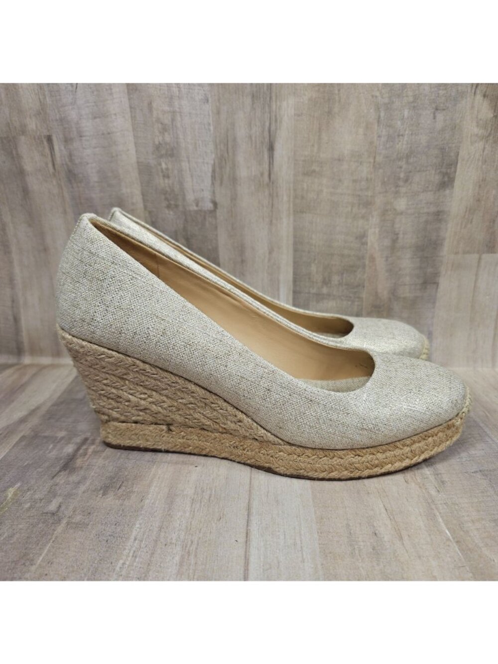 J. Crew Woman's Size 8.5 Wedge Seville Espadrille Canvas Jute Metallic Shoes - Picture 9 of 10